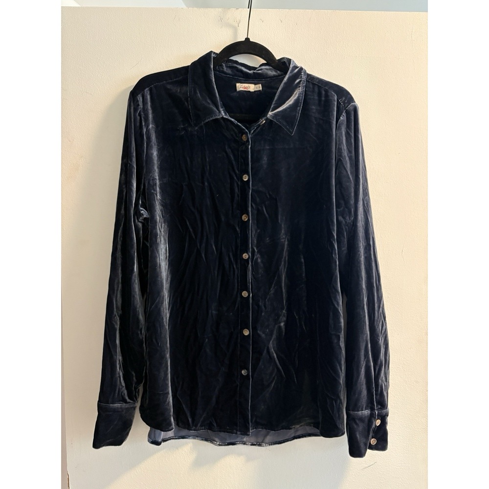 Faherty Velvet Shirt Womens XL Blue Silk Blend Stretch Long Sleeve Button Up
